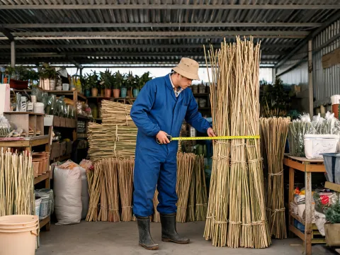 Grower checking bamboo bundles