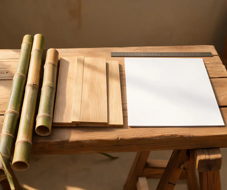 Bamboo poles and finished bamboo samples on a materials bench